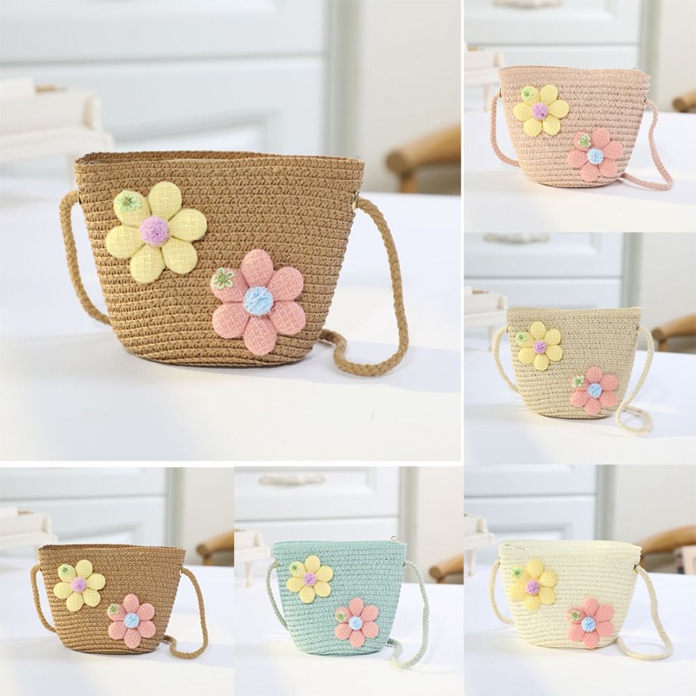 Flower Girl Basket - 수제 꽃무늬 밀짚 가방 지퍼 동전