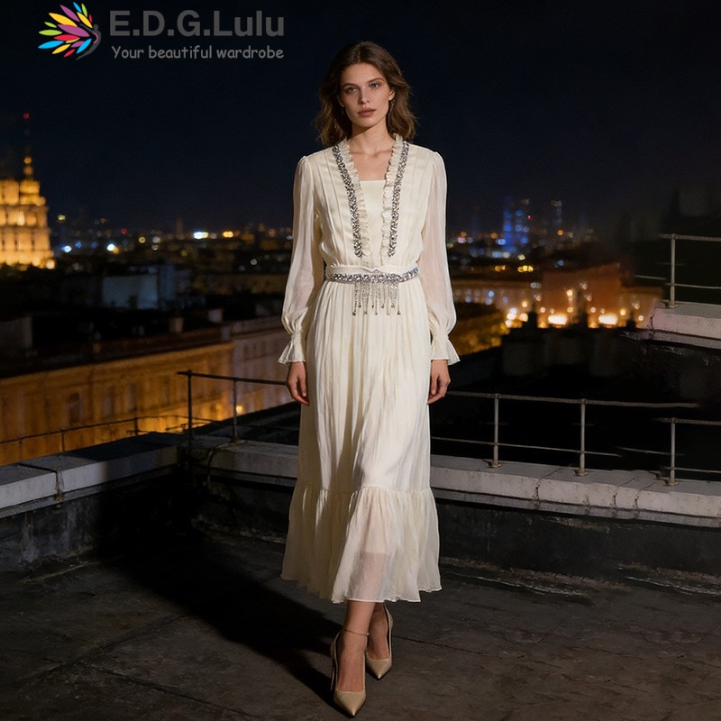 EDGLuLu 우아한 화이트 쉬폰 롱 드레스 여성 긴  - Wedding Lulu 리뷰 및 가격
